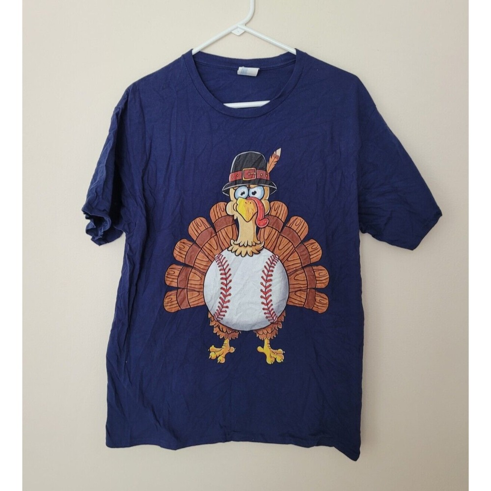 Port and Company Thanksgiving Baseball Turkey Navy Graphic Tee Men's Size L